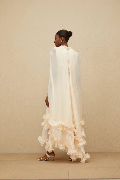 Cream Cape - Sleeve Maxi Dress with Ruffled Hem Intemporelle Neutral Cape Pleated Midi Dress Evening Dress by YiHuiw