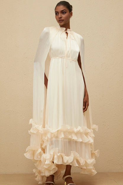 Cream Cape - Sleeve Maxi Dress with Ruffled Hem Intemporelle Neutral Cape Pleated Midi Dress Evening Dress by YiHuiw
