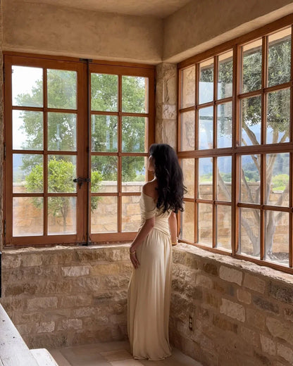 Cream One-Shoulder Asymmetric Floor-Length Wedding Dress - Yihuiw by Yihuiw