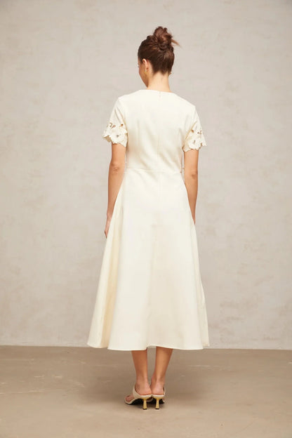 Cream Floral Appliqué Short - Sleeve Midi Dress Orane neutrals floral-appliqué flared midi dress Evening Dress by YiHuiw