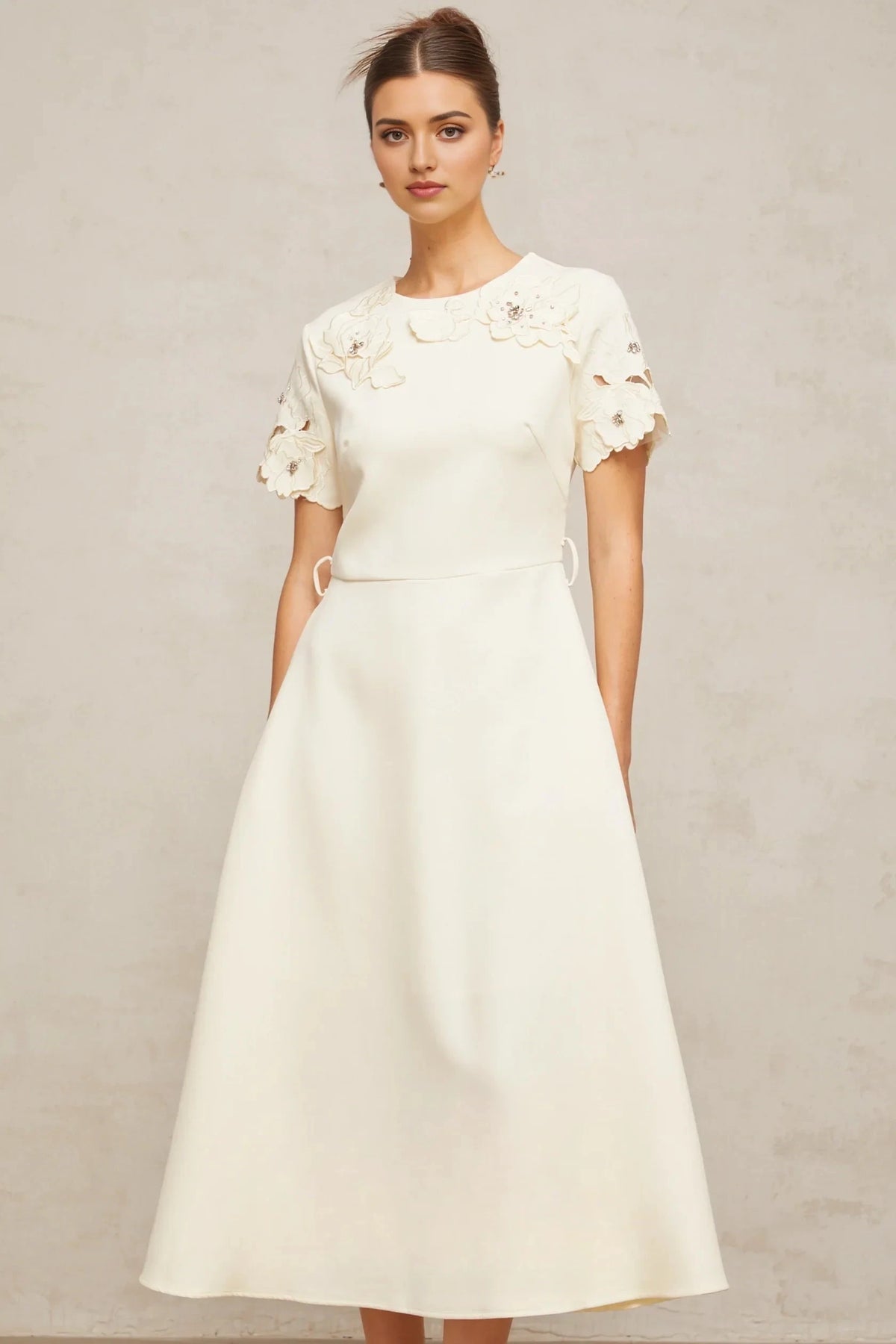 Cream Floral Appliqué Short - Sleeve Midi Dress Orane neutrals floral-appliqué flared midi dress Evening Dress by YiHuiw