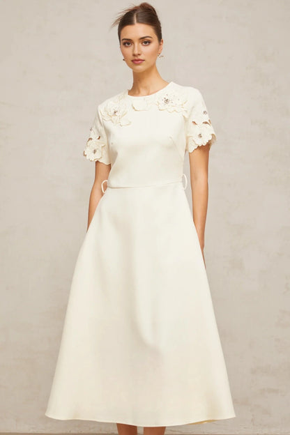 Cream Floral Appliqué Short - Sleeve Midi Dress Orane neutrals floral-appliqué flared midi dress Evening Dress by YiHuiw