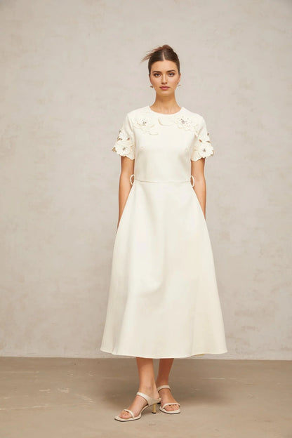 Cream Floral Appliqué Short - Sleeve Midi Dress Orane neutrals floral-appliqué flared midi dress Evening Dress by YiHuiw