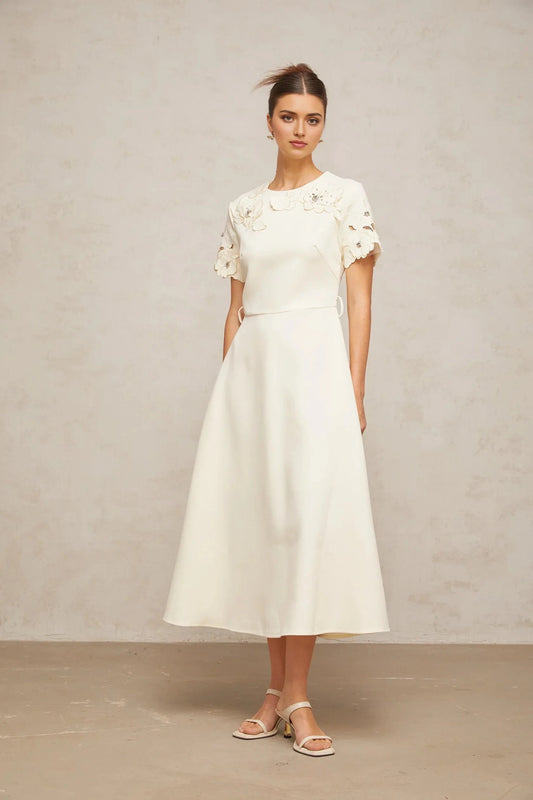 Cream Floral Appliqué Short - Sleeve Midi Dress Orane neutrals floral-appliqué flared midi dress Evening Dress by YiHuiw