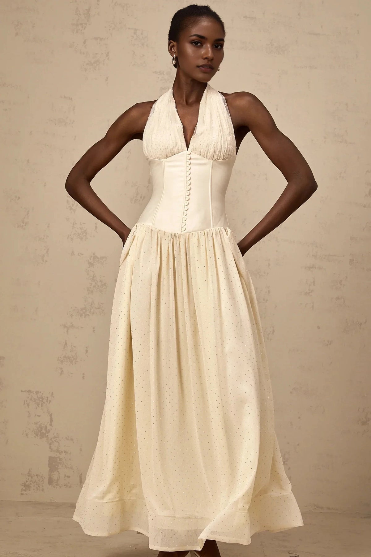 Cream Halter Neck Corset Maxi Dress with Sparkle Detail Charlotte halterneck tulle midi dress Evening Dress by YiHuiw