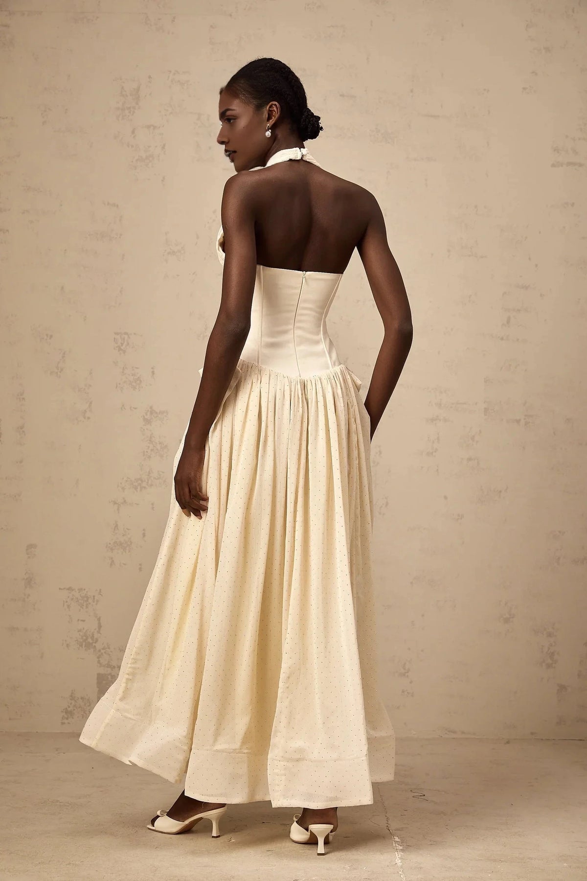 Cream Halter Neck Corset Maxi Dress with Sparkle Detail Charlotte halterneck tulle midi dress Evening Dress by YiHuiw