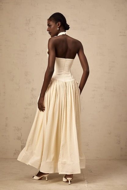 Cream Halter Neck Corset Maxi Dress with Sparkle Detail Charlotte halterneck tulle midi dress Evening Dress by YiHuiw
