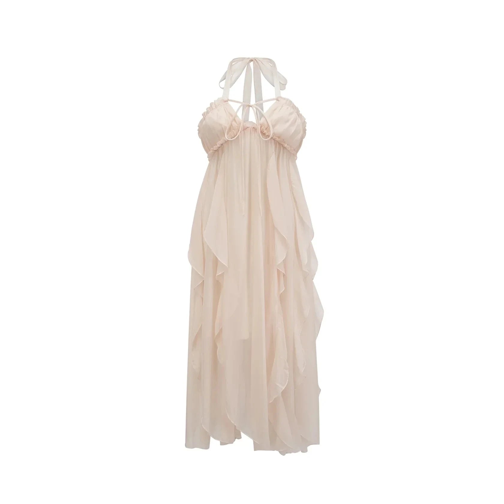 Cream Halter Neck Ruffled Maxi Dress with Open Back Axelle tulle pleated midi dress Evening Dress by YiHuiw