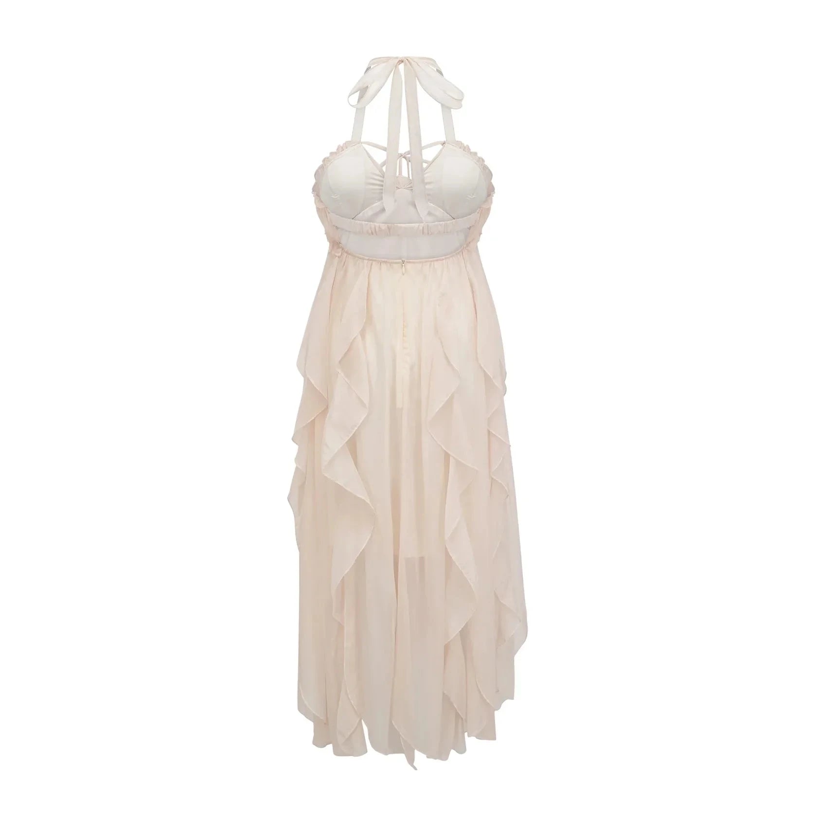 Cream Halter Neck Ruffled Maxi Dress with Open Back Axelle tulle pleated midi dress Evening Dress by YiHuiw