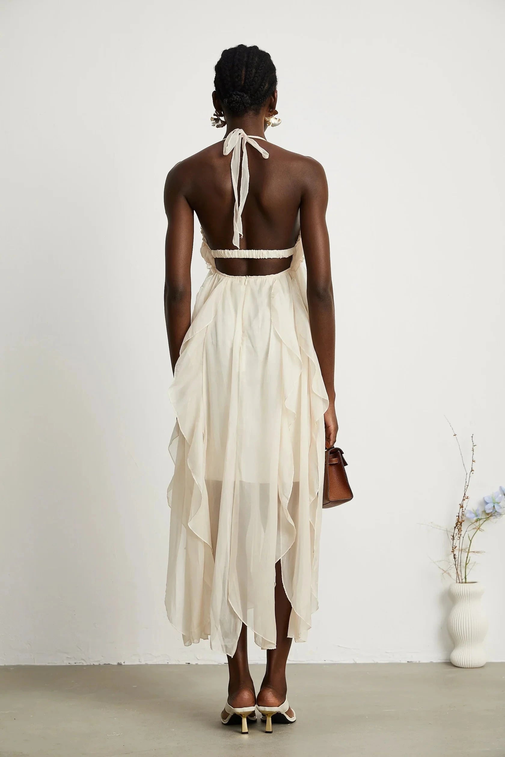 Cream Halter Neck Ruffled Maxi Dress with Open Back Axelle tulle pleated midi dress Evening Dress by YiHuiw