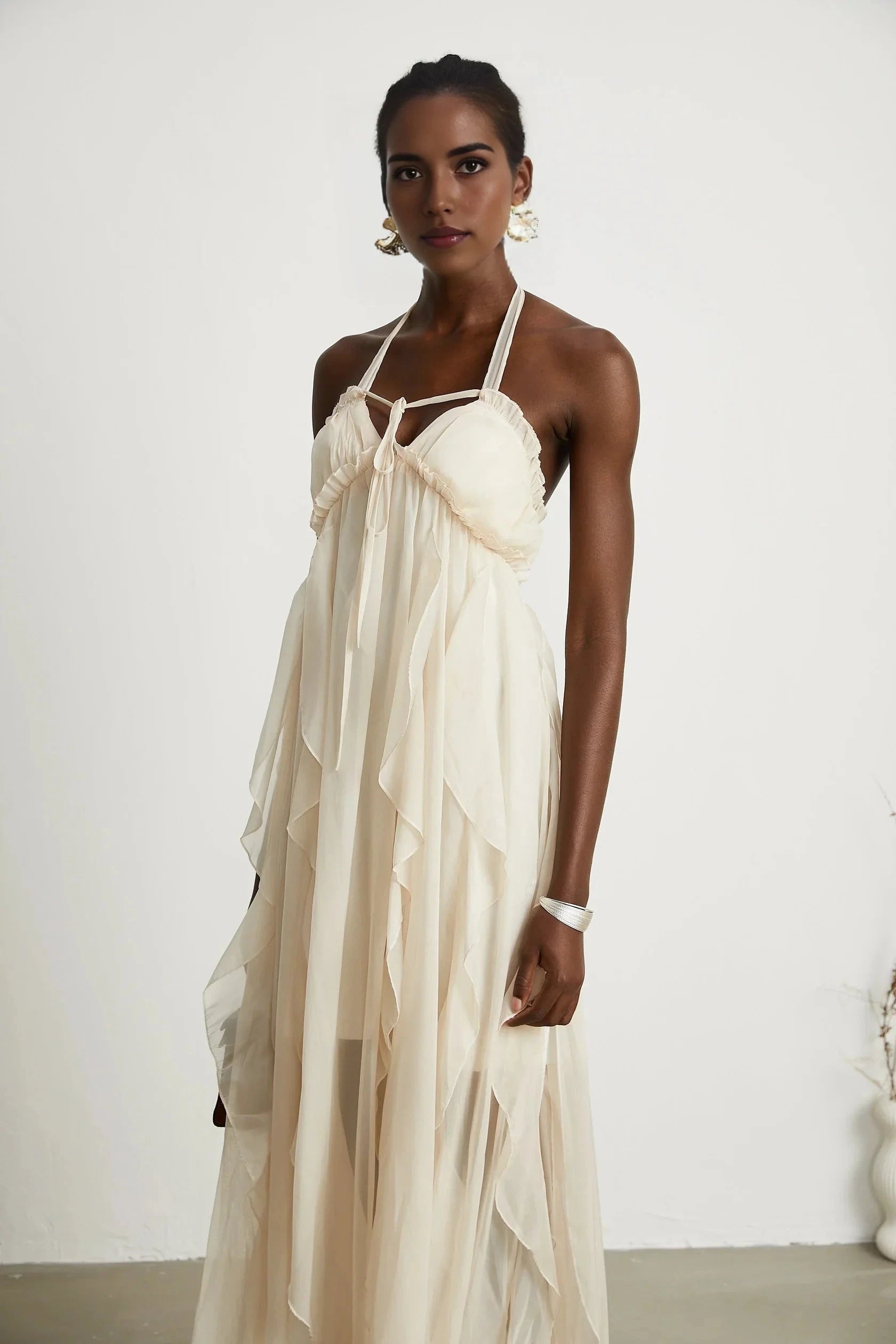Cream Halter Neck Ruffled Maxi Dress with Open Back Axelle tulle pleated midi dress Evening Dress by YiHuiw