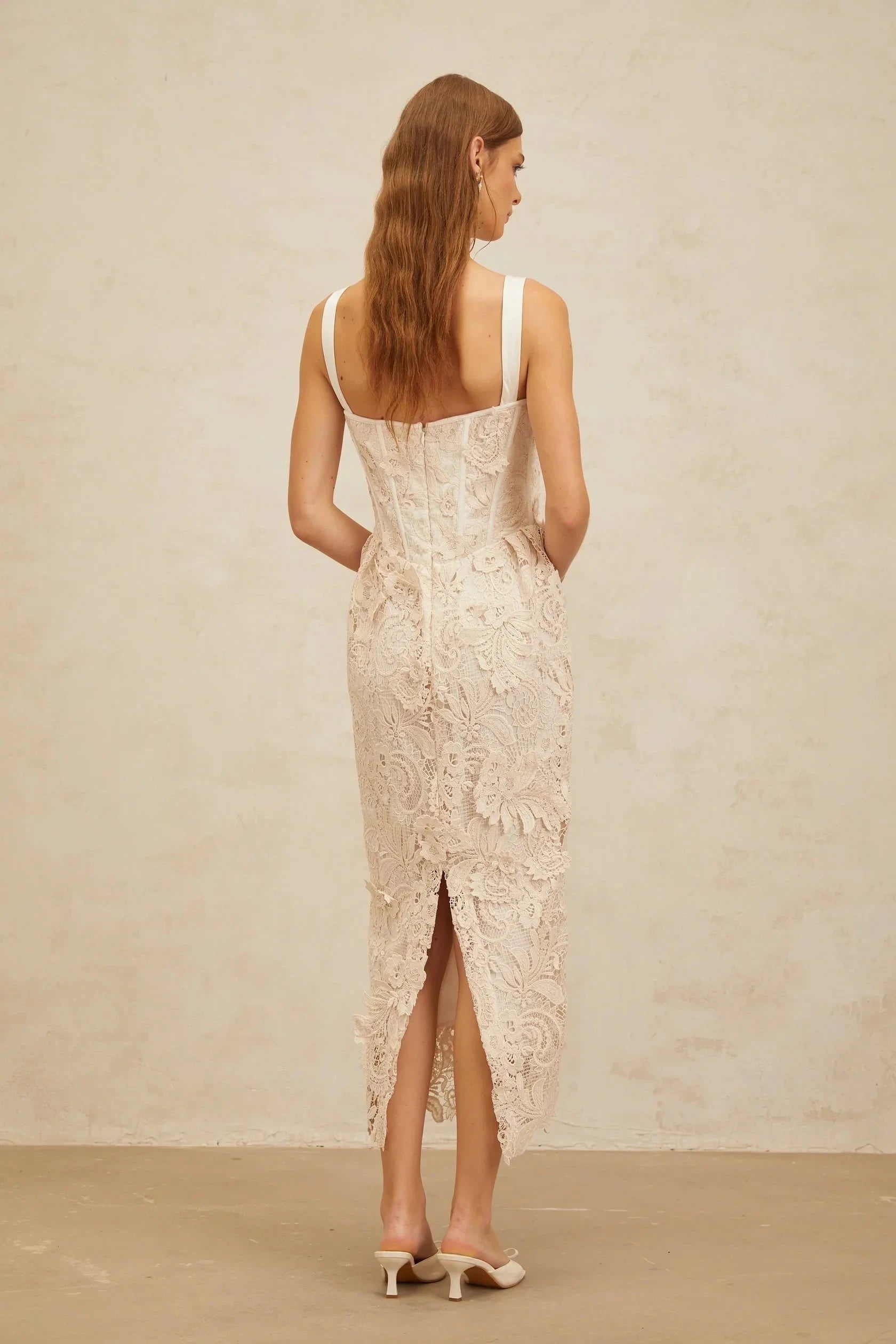 Cream Lace Corset Midi Dress Neutrals Corded Lace Corset Midi Dress Evening Dress by YiHuiw