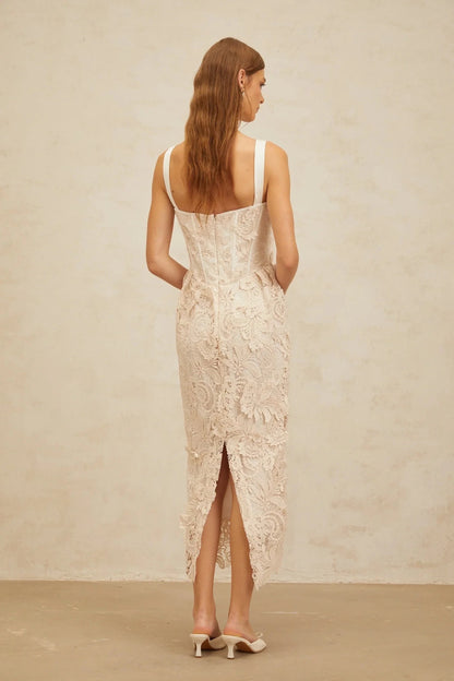 Cream Lace Corset Midi Dress Neutrals Corded Lace Corset Midi Dress Evening Dress by YiHuiw