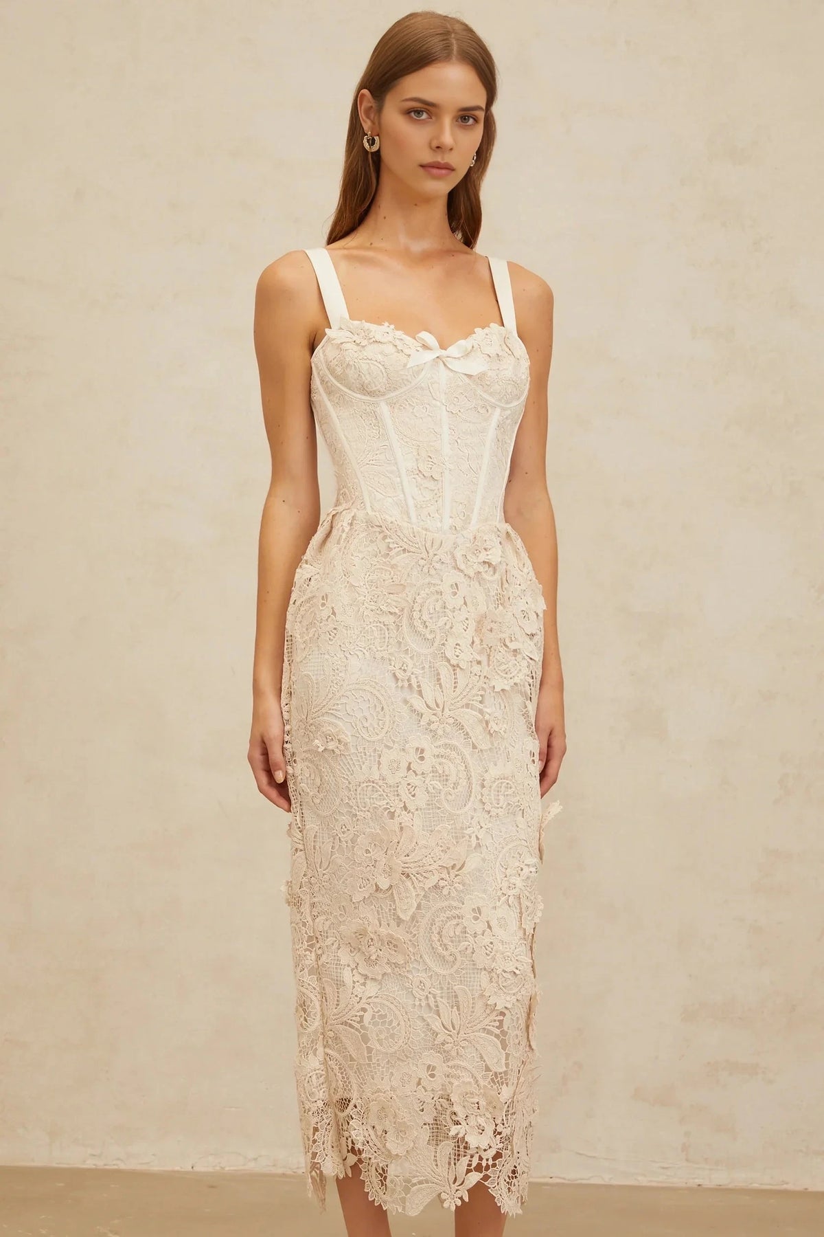 Cream Lace Corset Midi Dress Neutrals Corded Lace Corset Midi Dress Evening Dress by YiHuiw