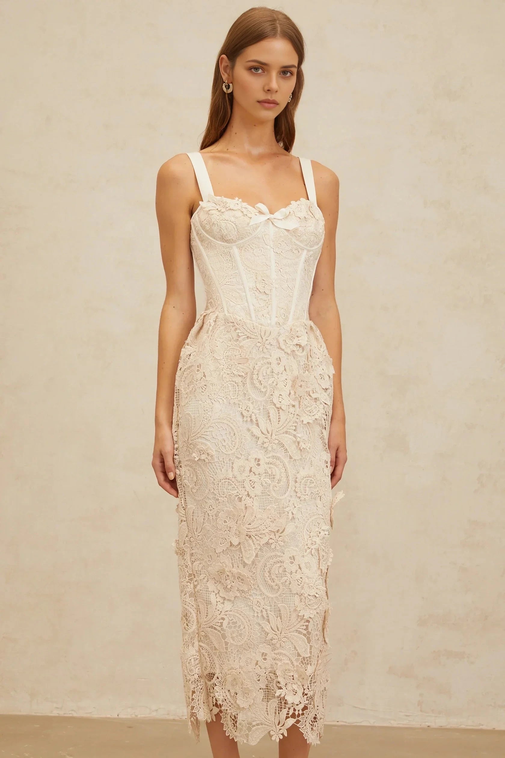 Cream Lace Corset Midi Dress Neutrals Corded Lace Corset Midi Dress Evening Dress by YiHuiw