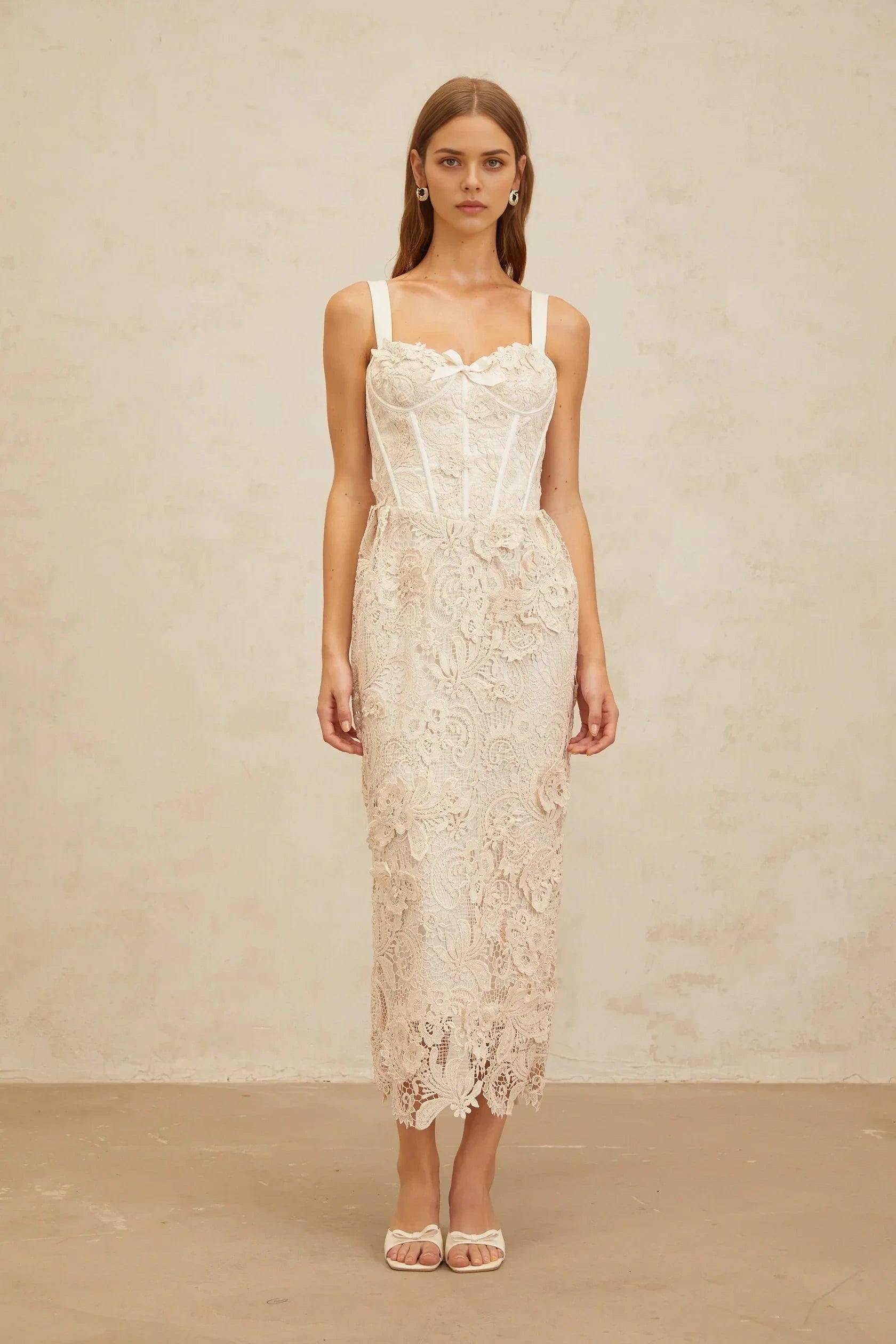 Cream Lace Corset Midi Dress Neutrals Corded Lace Corset Midi Dress Evening Dress by YiHuiw