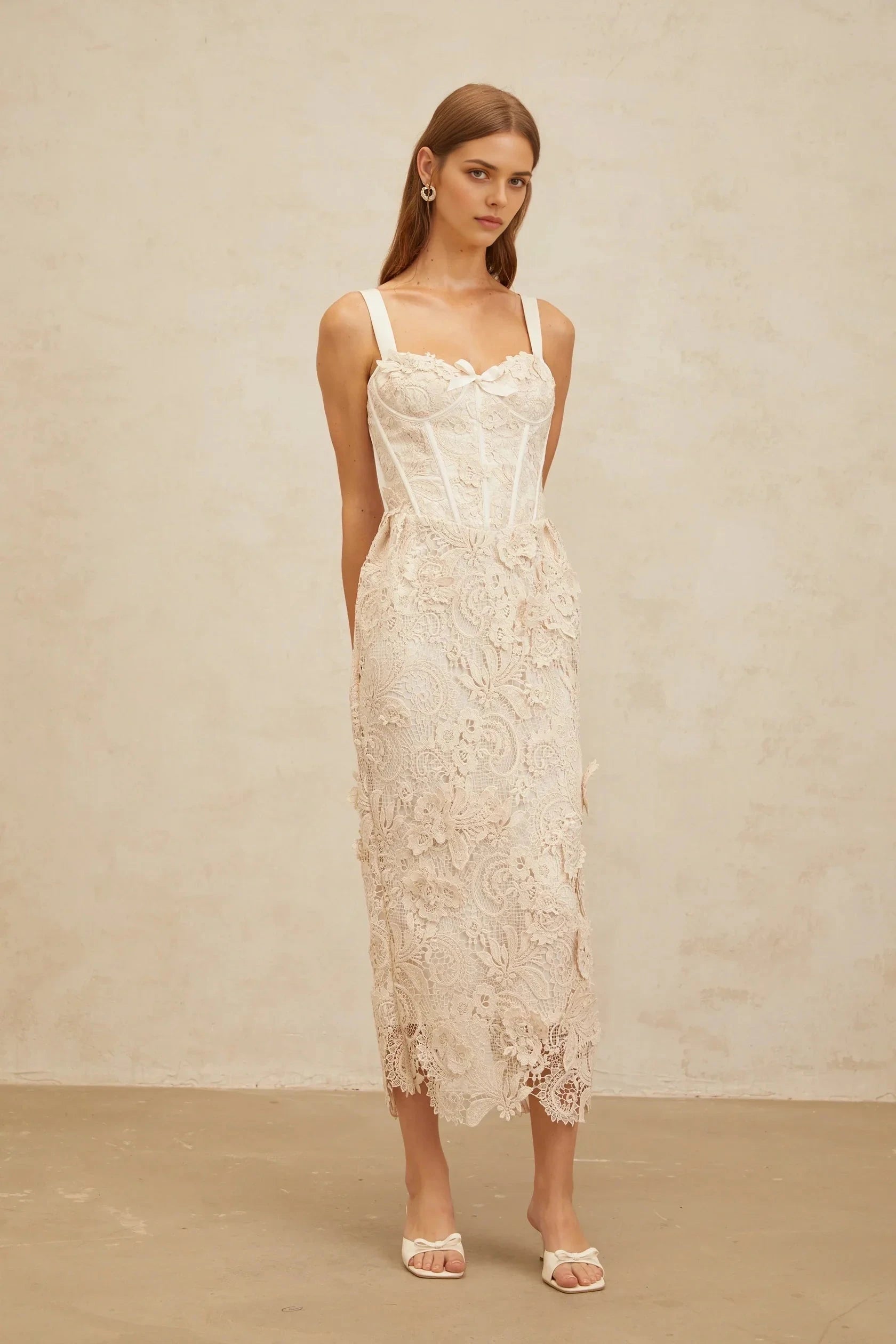 Cream Lace Corset Midi Dress Neutrals Corded Lace Corset Midi Dress Evening Dress by YiHuiw