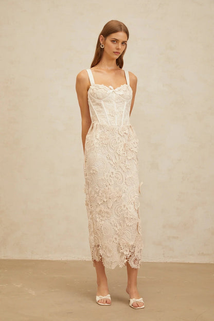 Cream Lace Corset Midi Dress Neutrals Corded Lace Corset Midi Dress Evening Dress by YiHuiw
