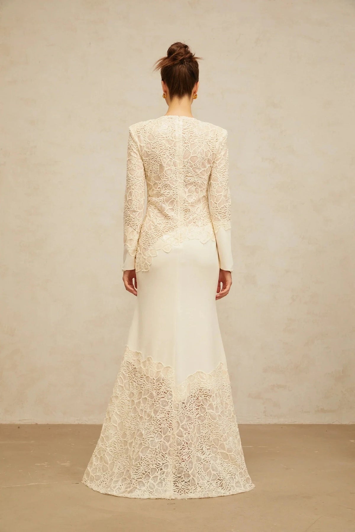 Cream Lace Long - Sleeve Maxi Dress off-white textured floral-embroidered sequined maxi dress Evening Dress by YiHuiw
