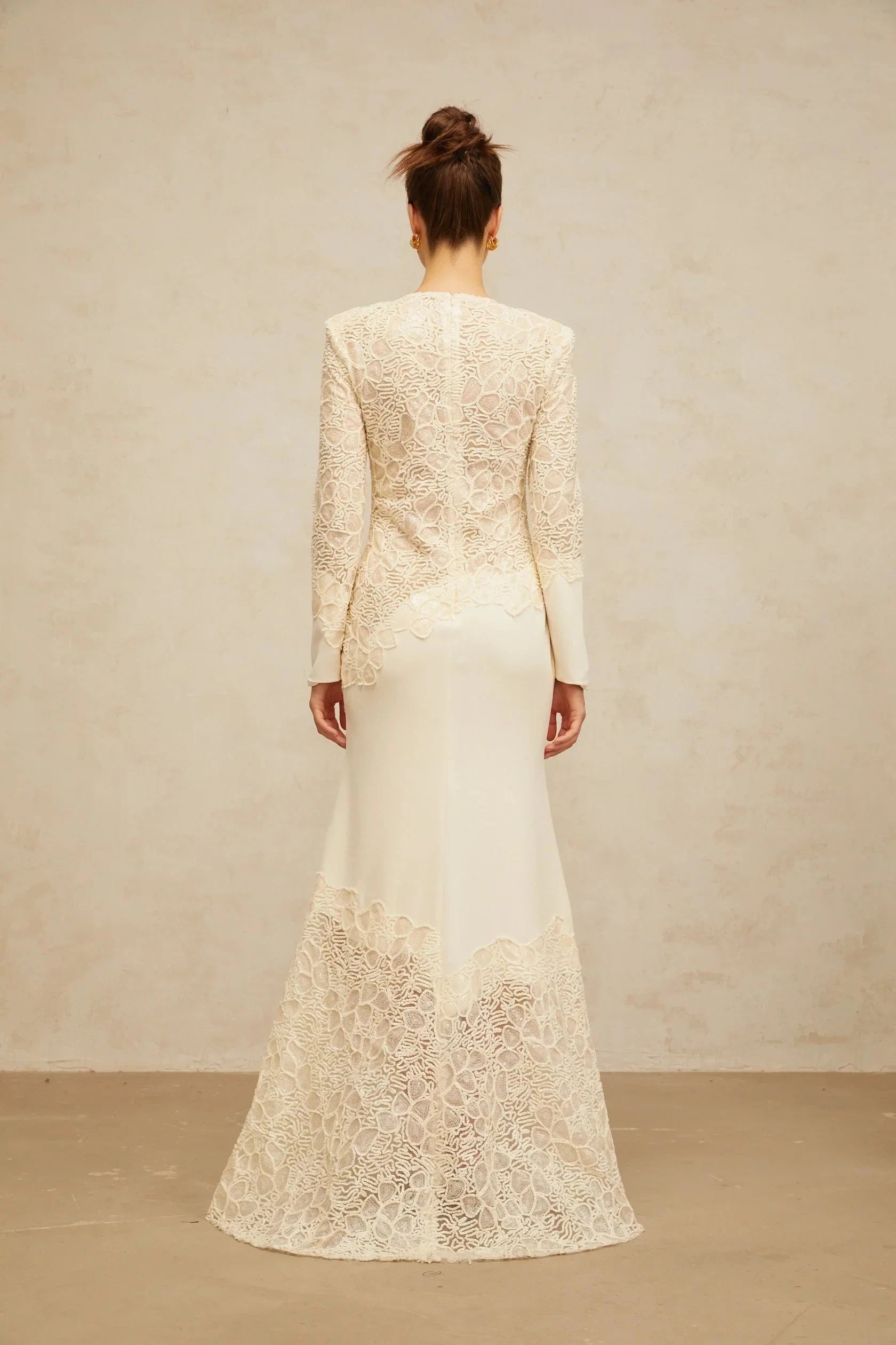 Cream Lace Long - Sleeve Maxi Dress off-white textured floral-embroidered sequined maxi dress Evening Dress by YiHuiw