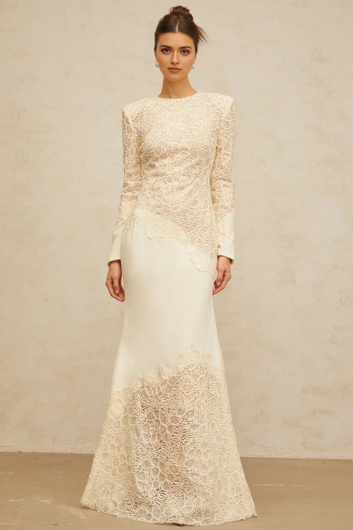 Cream Lace Long - Sleeve Maxi Dress off-white textured floral-embroidered sequined maxi dress Evening Dress by YiHuiw