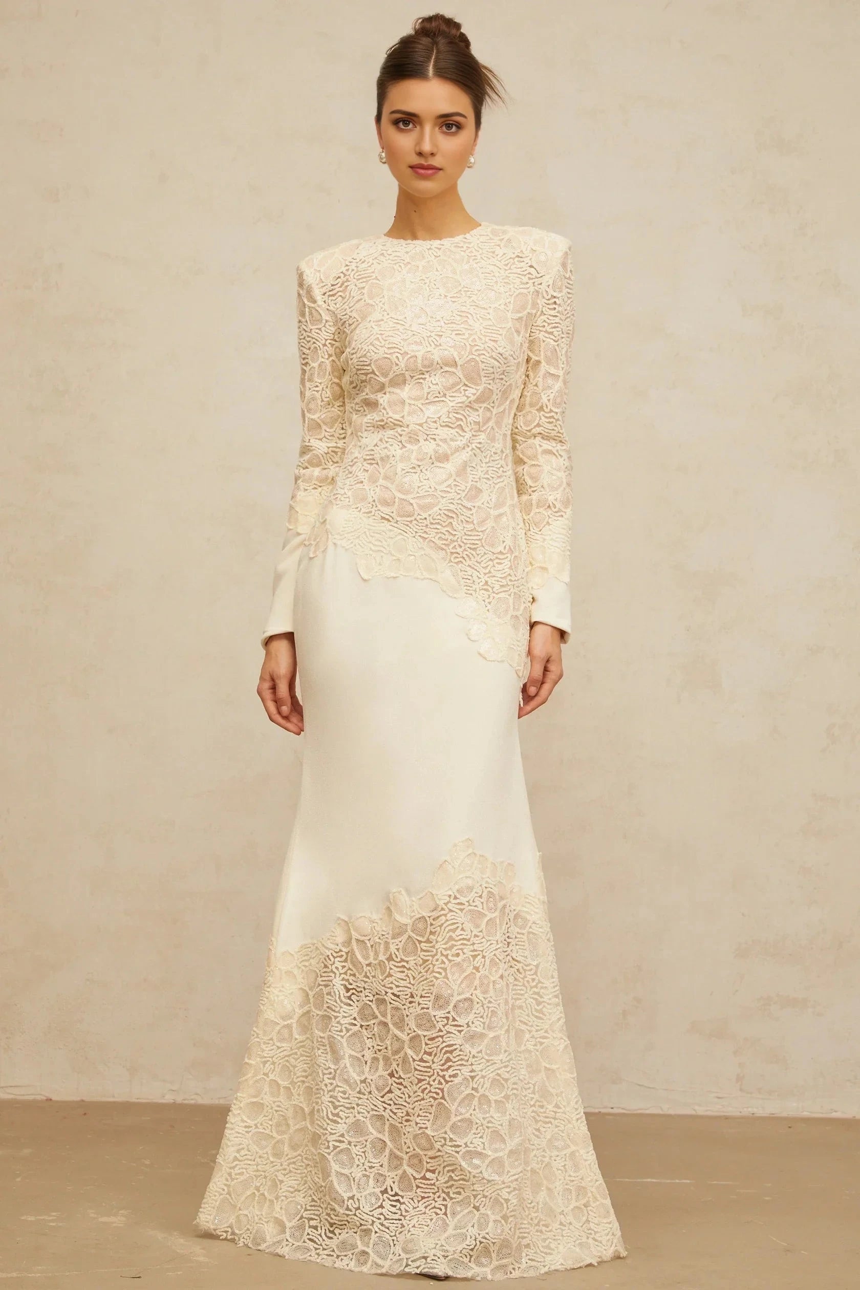 Cream Lace Long - Sleeve Maxi Dress off-white textured floral-embroidered sequined maxi dress Evening Dress by YiHuiw