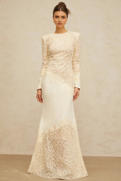 Cream Lace Long - Sleeve Maxi Dress off-white textured floral-embroidered sequined maxi dress Evening Dress by YiHuiw