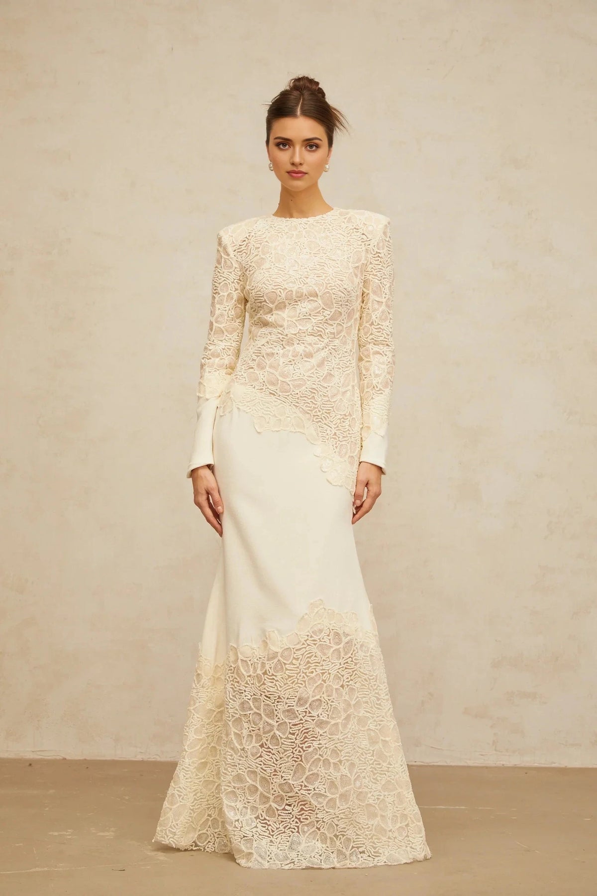 Cream Lace Long - Sleeve Maxi Dress off-white textured floral-embroidered sequined maxi dress Evening Dress by YiHuiw