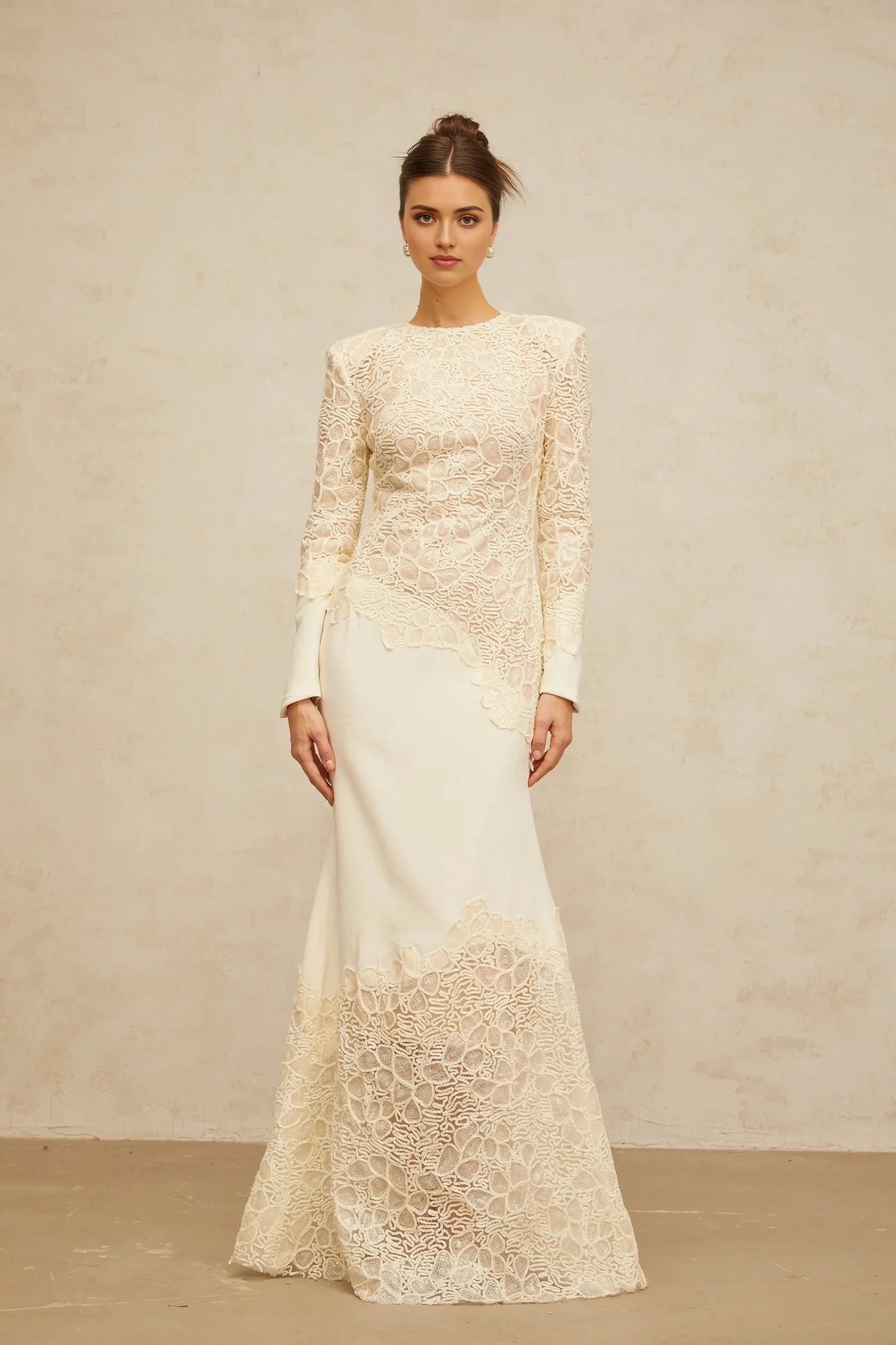 Cream Lace Long - Sleeve Maxi Dress off-white textured floral-embroidered sequined maxi dress Evening Dress by YiHuiw