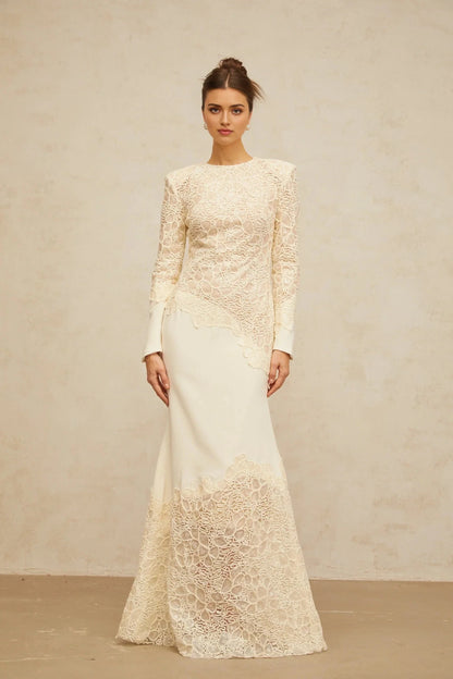 Cream Lace Long - Sleeve Maxi Dress off-white textured floral-embroidered sequined maxi dress Evening Dress by YiHuiw