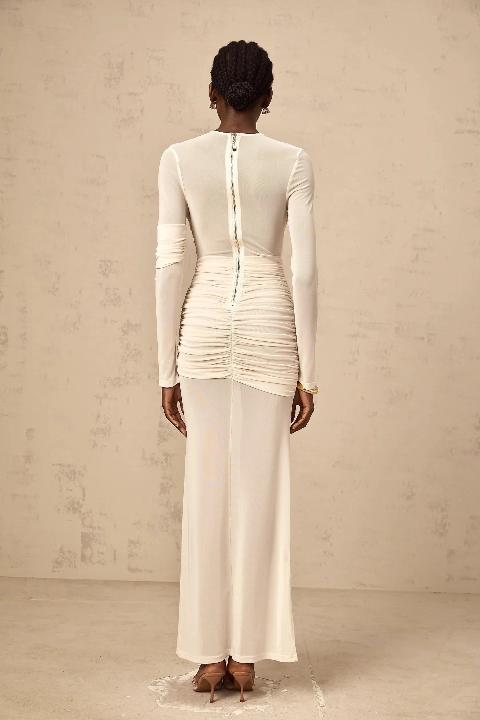 Cream Mesh Ruched Long - Sleeve Maxi Dress white ruched tulle maxi dress Evening Dress by YiHuiw