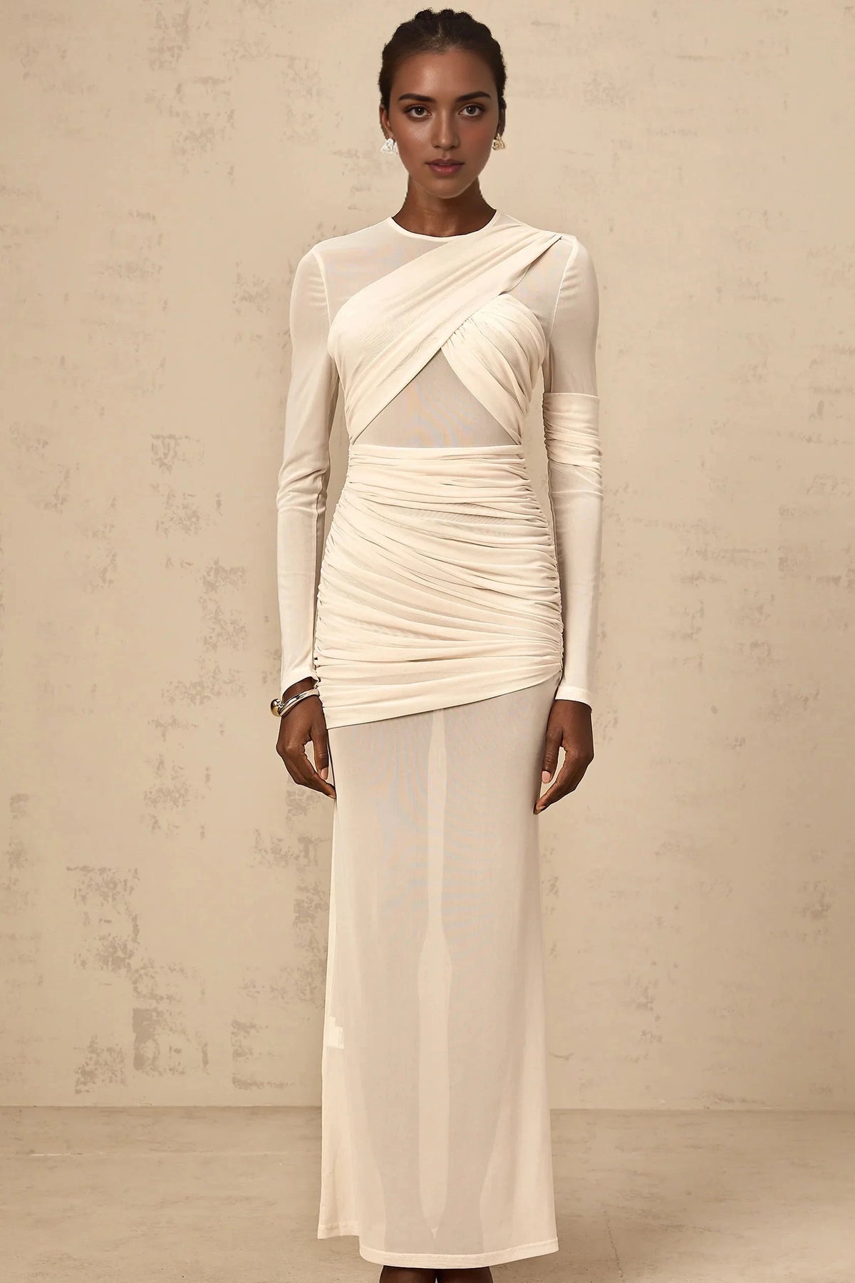 Cream Mesh Ruched Long - Sleeve Maxi Dress white ruched tulle maxi dress Evening Dress by YiHuiw