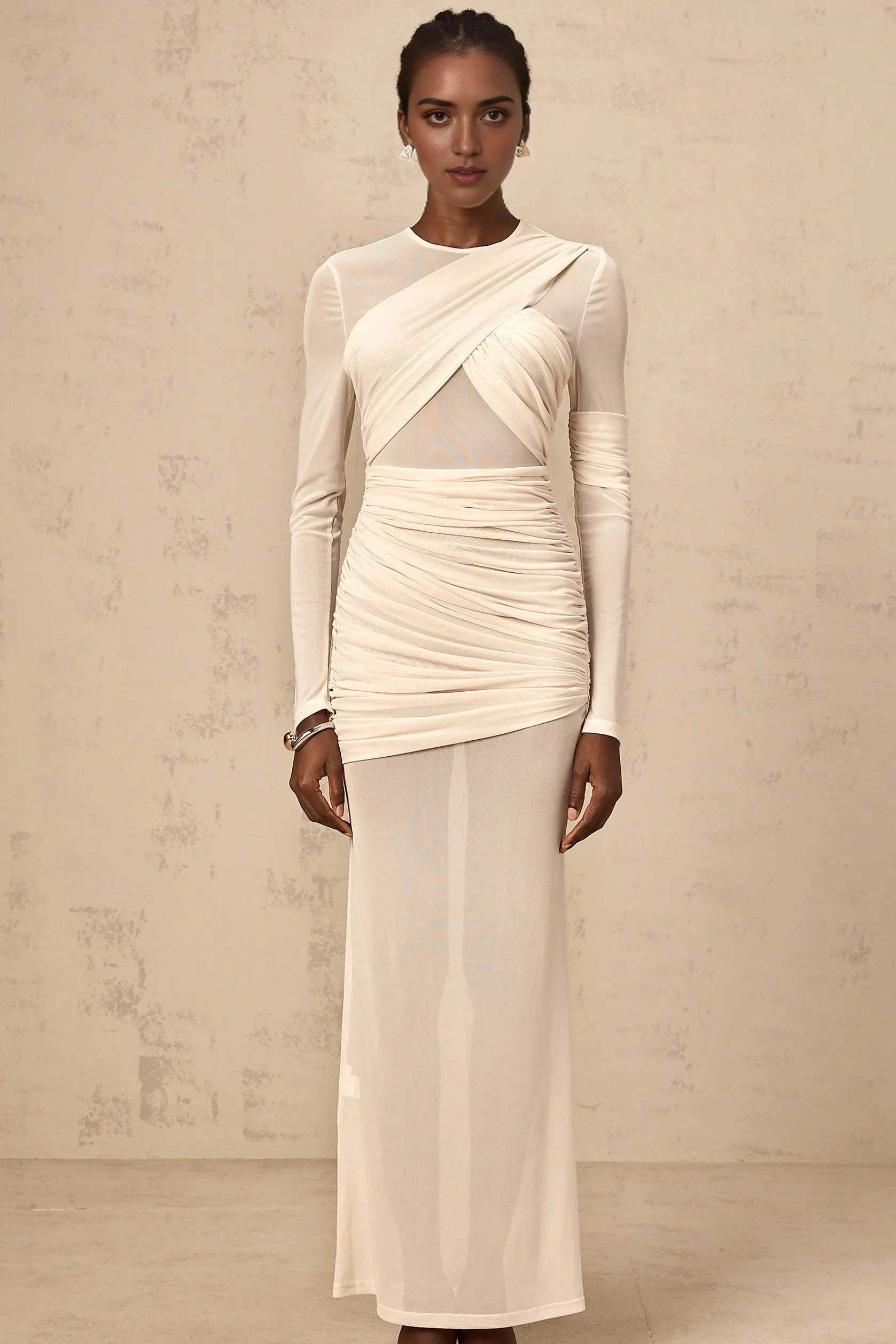 Cream Mesh Ruched Long - Sleeve Maxi Dress white ruched tulle maxi dress Evening Dress by YiHuiw