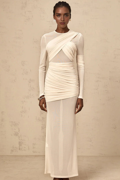 Cream Mesh Ruched Long - Sleeve Maxi Dress white ruched tulle maxi dress Evening Dress by YiHuiw