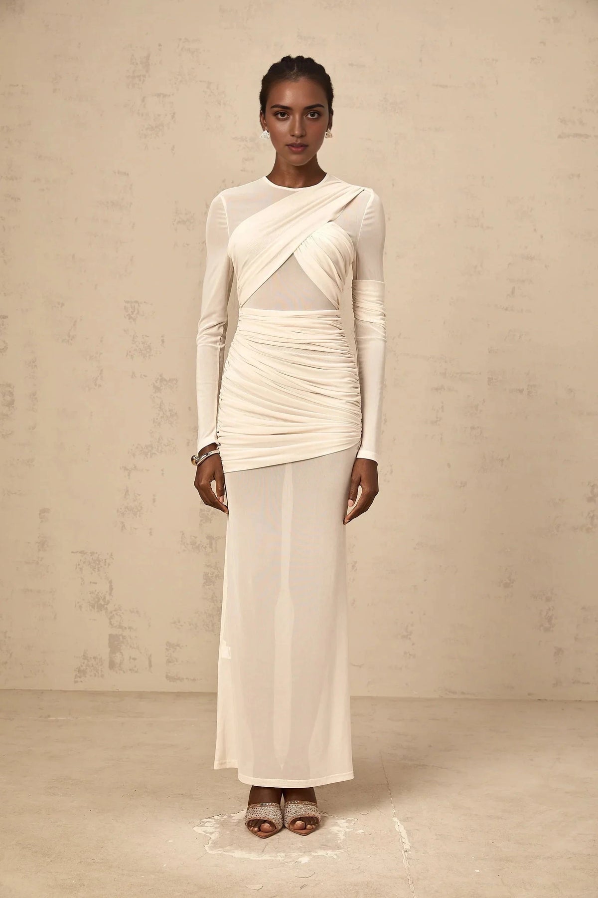 Cream Mesh Ruched Long - Sleeve Maxi Dress white ruched tulle maxi dress Evening Dress by YiHuiw