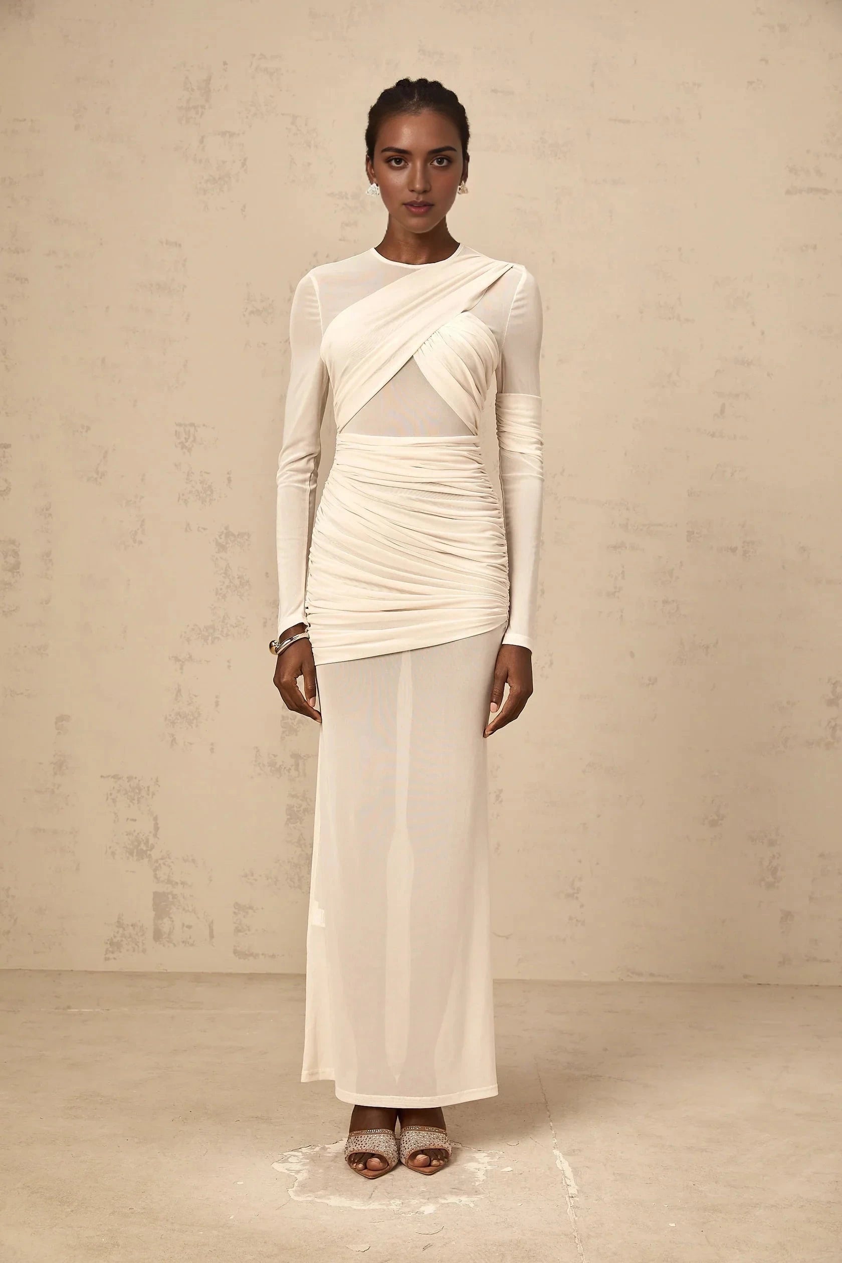 Cream Mesh Ruched Long - Sleeve Maxi Dress white ruched tulle maxi dress Evening Dress by YiHuiw