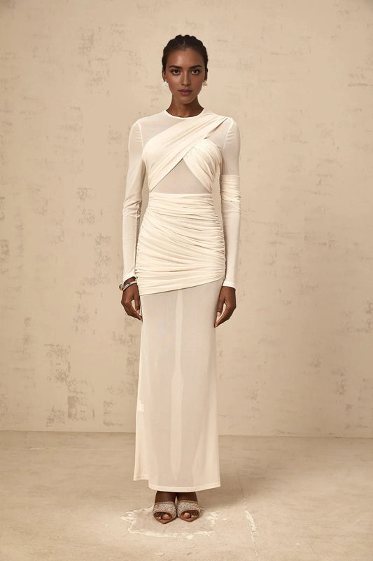 Cream Mesh Ruched Long - Sleeve Maxi Dress white ruched tulle maxi dress Evening Dress by YiHuiw