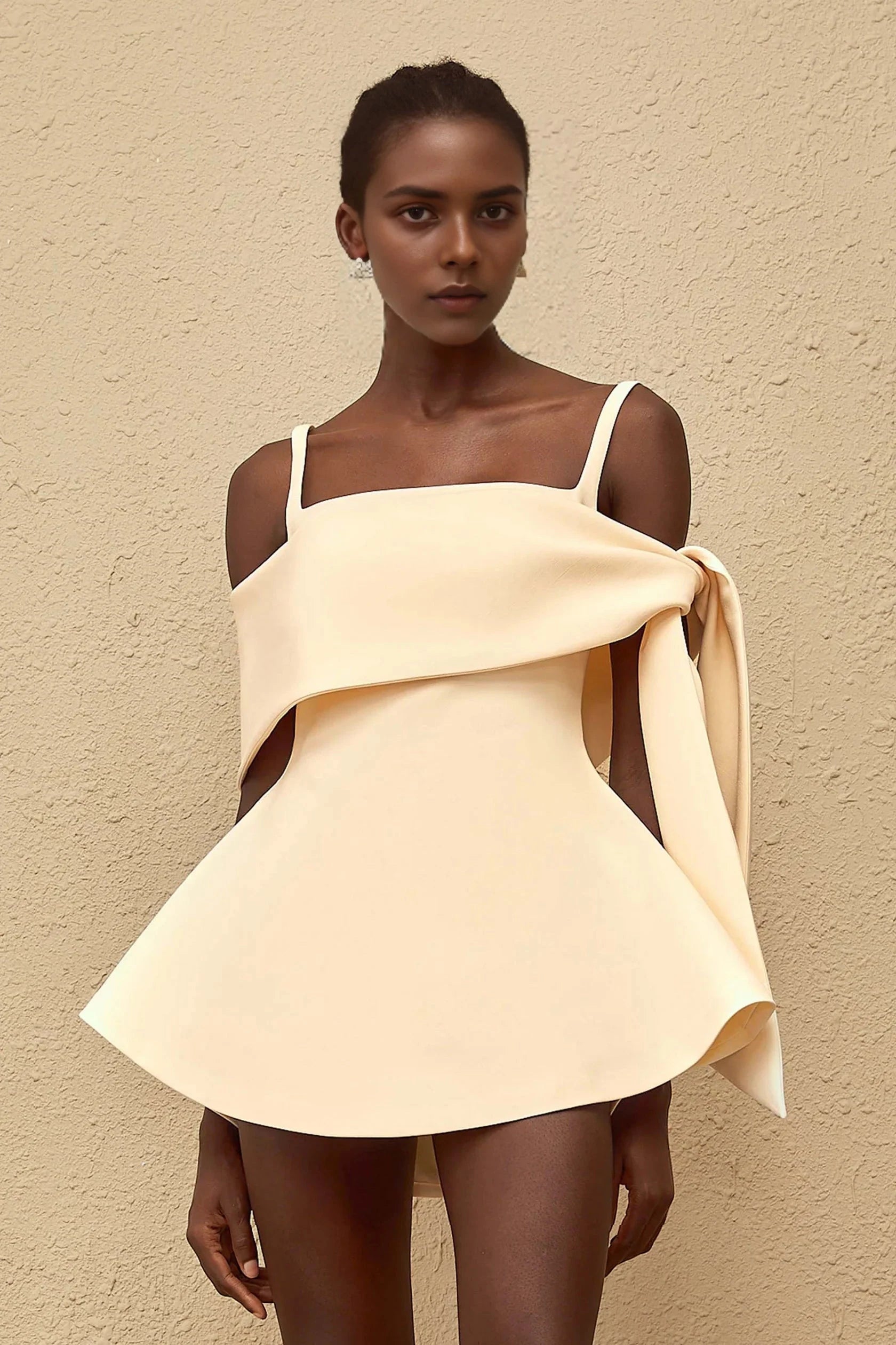 Cream Off - Shoulder Bow Detail Mini Dress Garance Cream White Self Tie Flared Mini Dress Evening Dress by YiHuiw