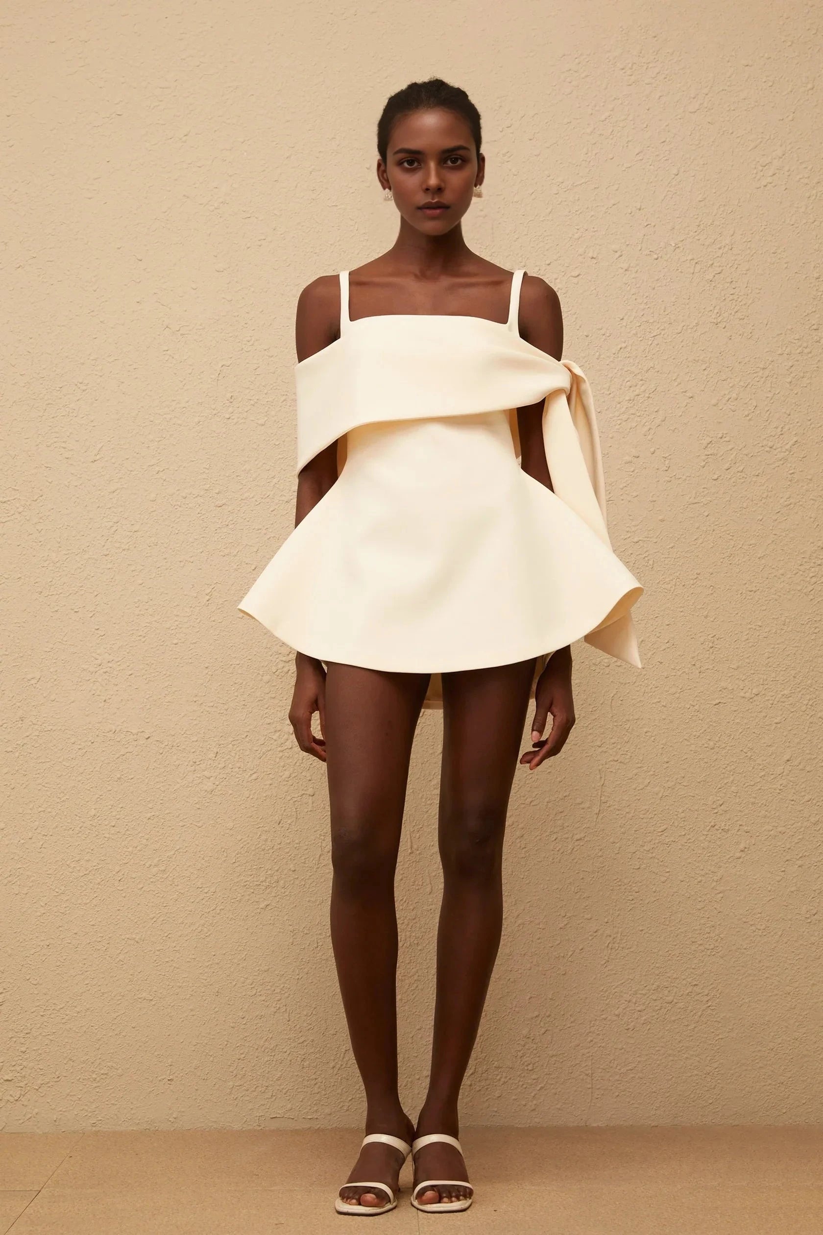 Cream Off - Shoulder Bow Detail Mini Dress Garance Cream White Self Tie Flared Mini Dress Evening Dress by YiHuiw