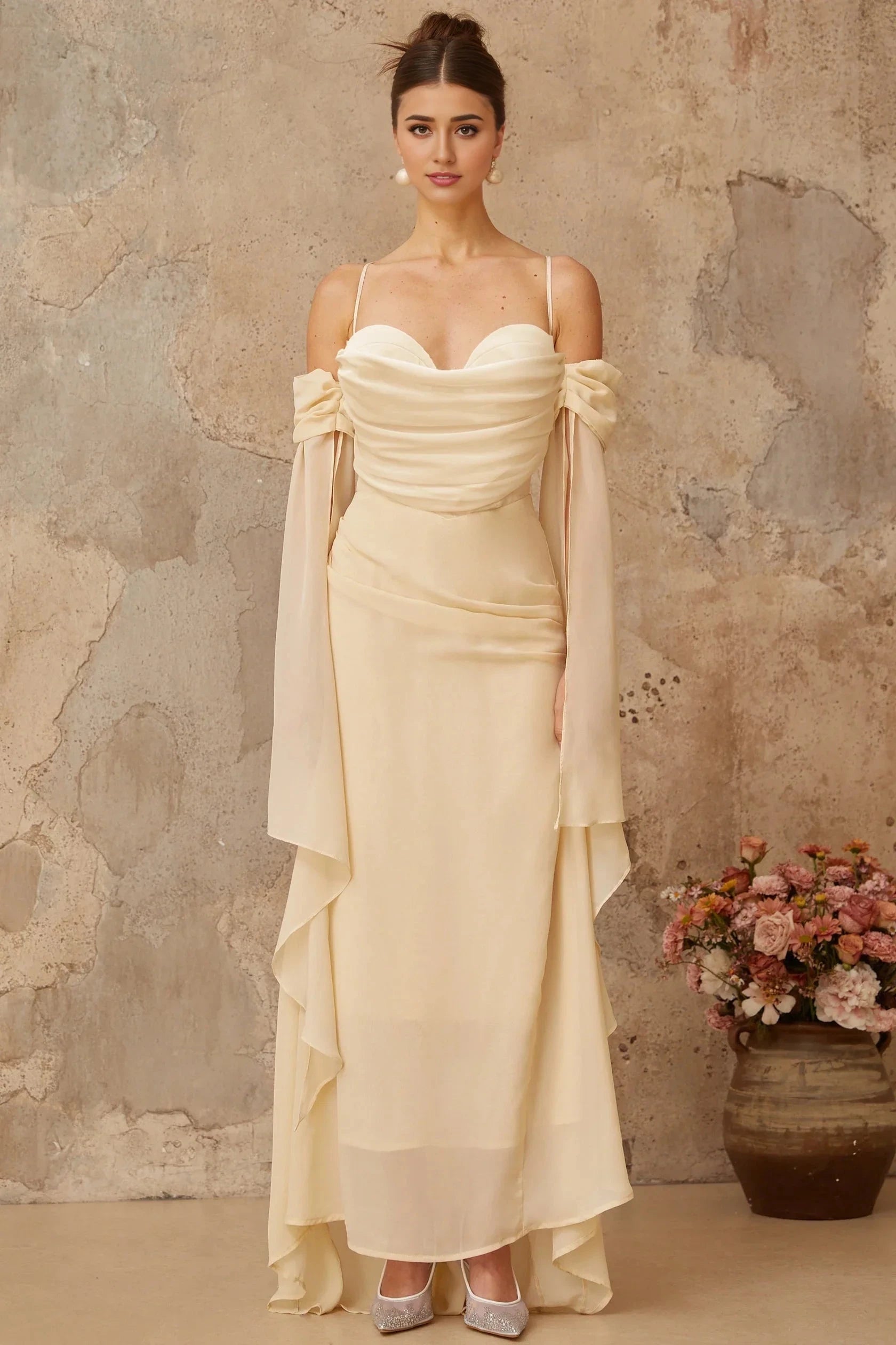Cream Off - Shoulder Draped Maxi Dress with Cape Sleeves Neutral Ruched Chiffon Maxi Dress Evening Dress by YiHuiw