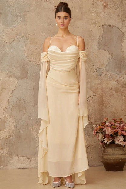 Cream Off - Shoulder Draped Maxi Dress with Cape Sleeves Neutral Ruched Chiffon Maxi Dress Evening Dress by YiHuiw