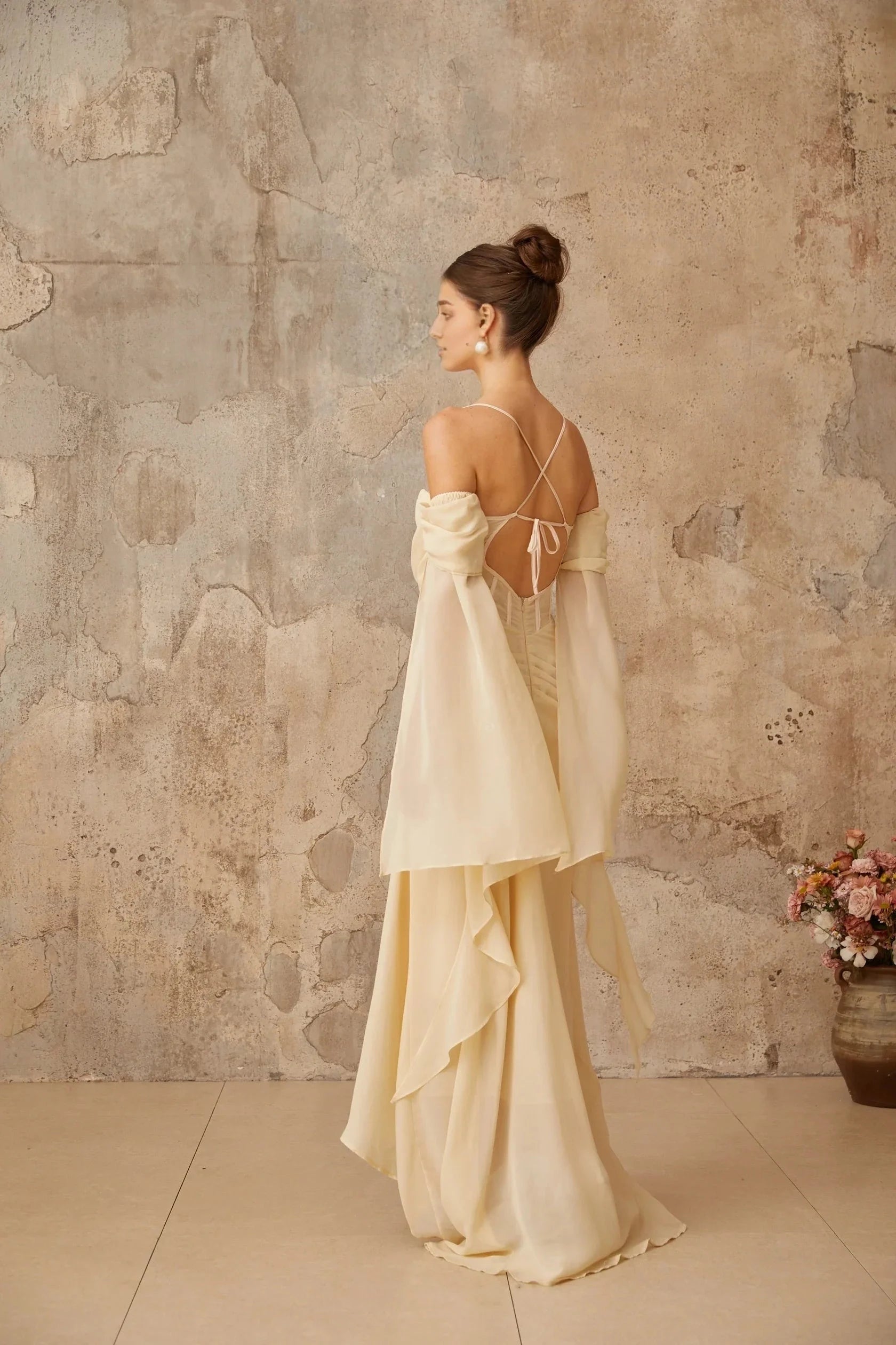 Cream Off - Shoulder Draped Maxi Dress with Cape Sleeves Neutral Ruched Chiffon Maxi Dress Evening Dress by YiHuiw