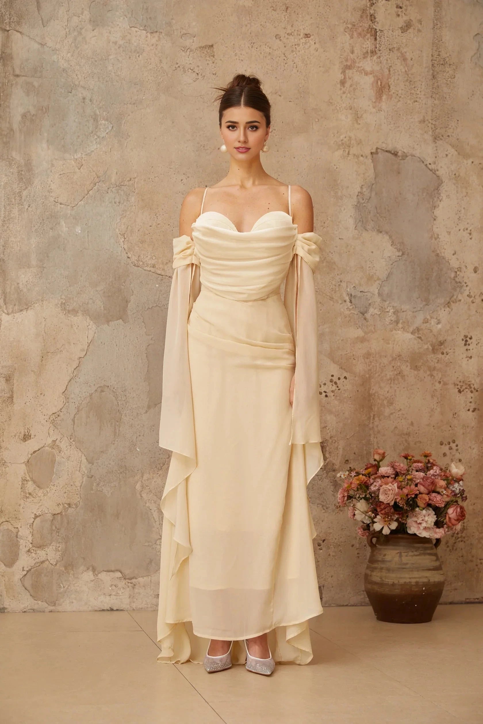 Cream Off - Shoulder Draped Maxi Dress with Cape Sleeves Neutral Ruched Chiffon Maxi Dress Evening Dress by YiHuiw