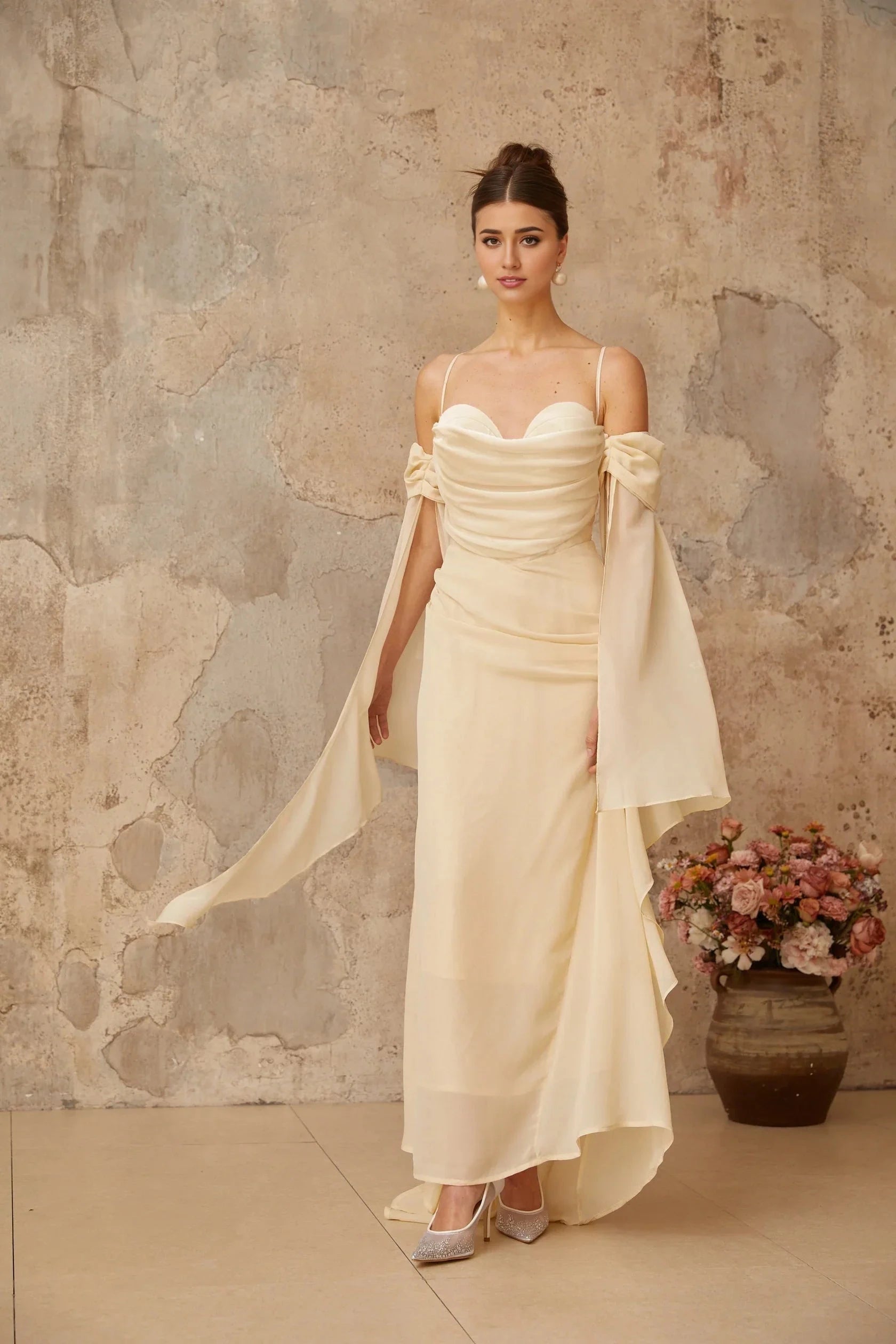 Cream Off - Shoulder Draped Maxi Dress with Cape Sleeves Neutral Ruched Chiffon Maxi Dress Evening Dress by YiHuiw
