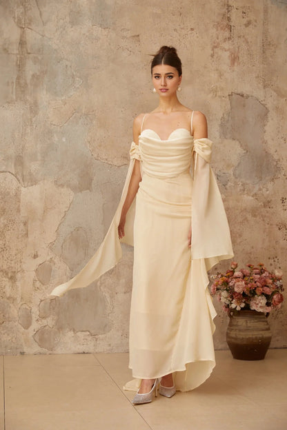 Cream Off - Shoulder Draped Maxi Dress with Cape Sleeves Neutral Ruched Chiffon Maxi Dress Evening Dress by YiHuiw