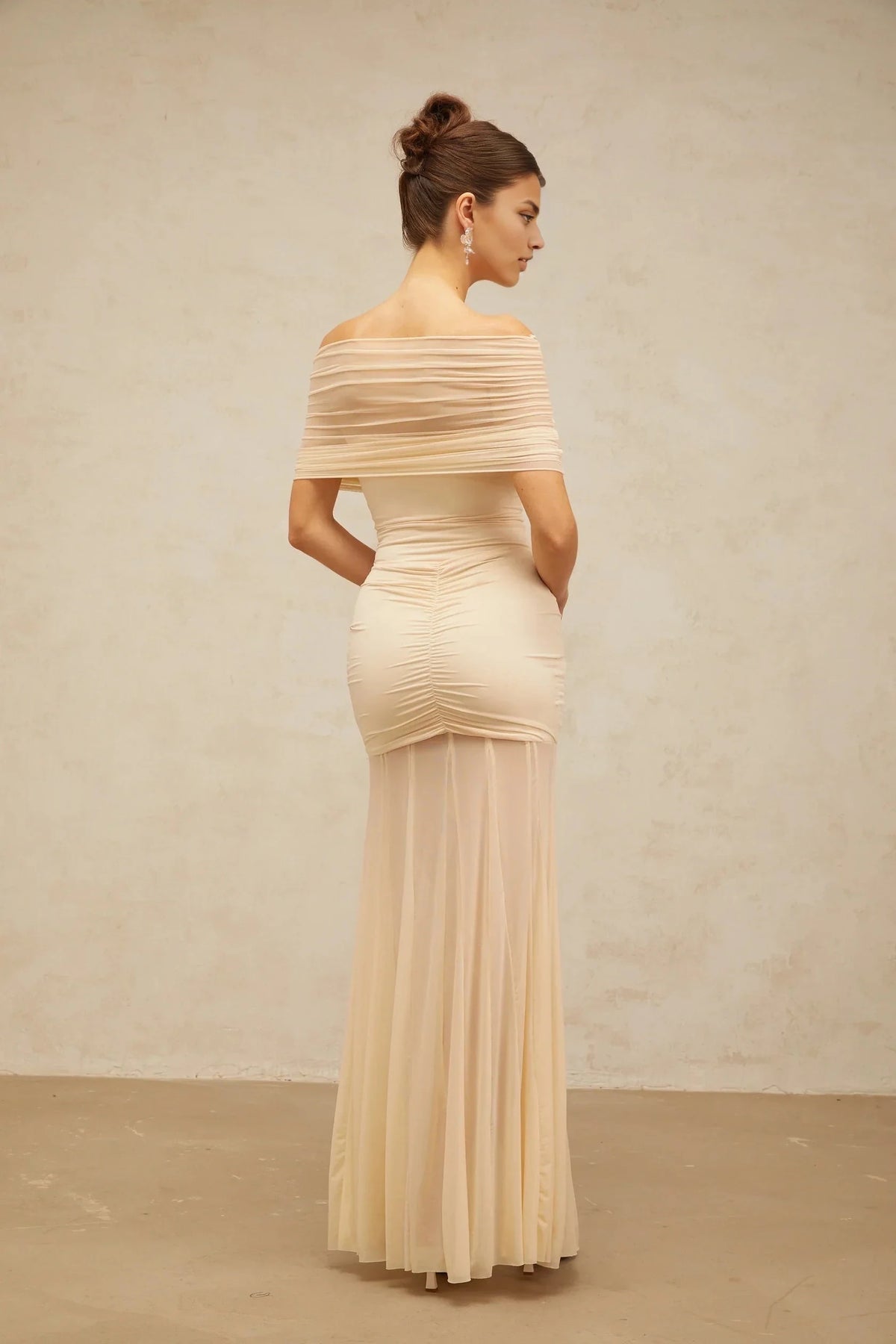 Cream Off - Shoulder Ruched Maxi Dress neutrals tulle-panel smocked maxi dress Evening Dress by YiHuiw