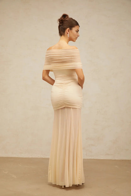 Cream Off - Shoulder Ruched Maxi Dress neutrals tulle-panel smocked maxi dress Evening Dress by YiHuiw