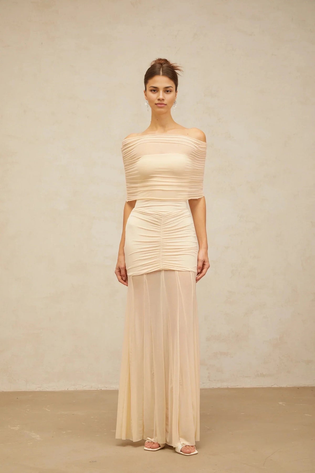 Cream Off - Shoulder Ruched Maxi Dress neutrals tulle-panel smocked maxi dress Evening Dress by YiHuiw