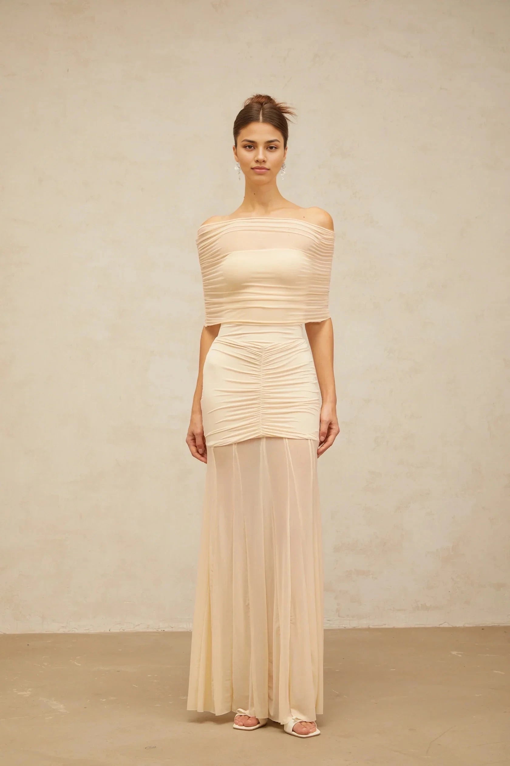 Cream Off - Shoulder Ruched Maxi Dress neutrals tulle-panel smocked maxi dress Evening Dress by YiHuiw