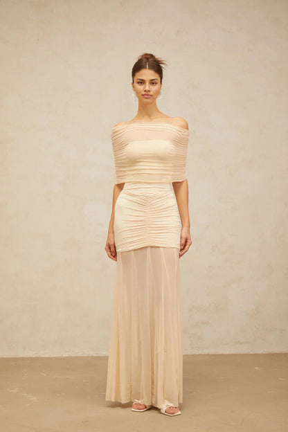 Cream Off - Shoulder Ruched Maxi Dress neutrals tulle-panel smocked maxi dress Evening Dress by YiHuiw